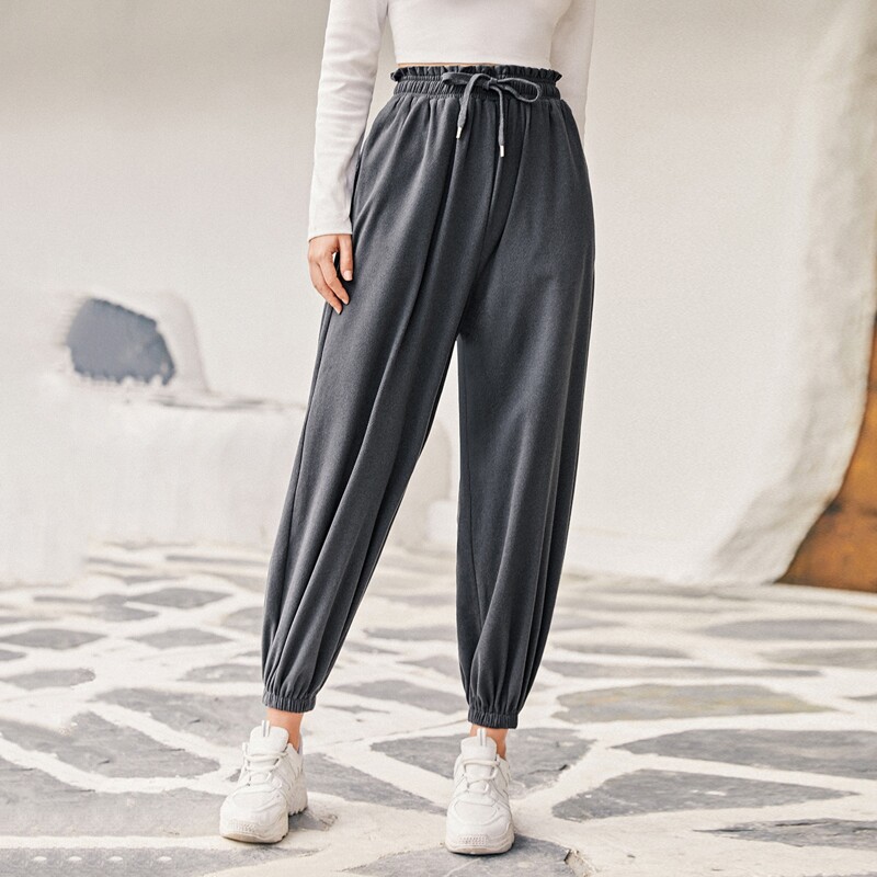 

Paperbag Waist Drawstring Carrot Pants, Dark grey
