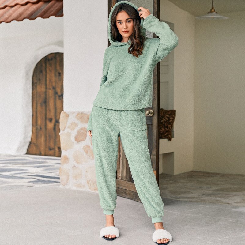 

Drop Shoulder Teddy Hoodie & Pants Set, Pastel mint green
