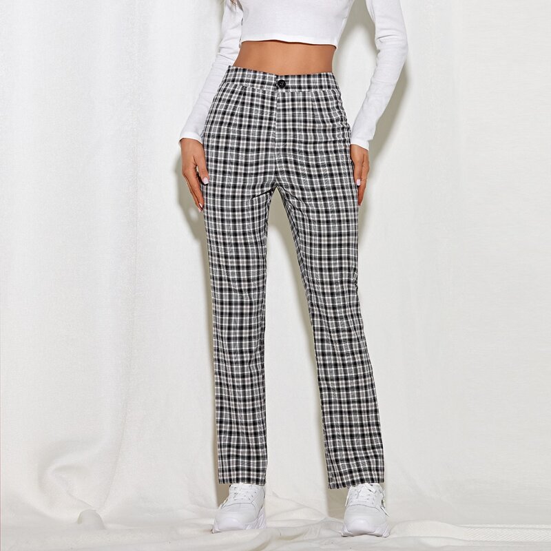 

High Waist Plaid Straight Leg Pants, Black and white