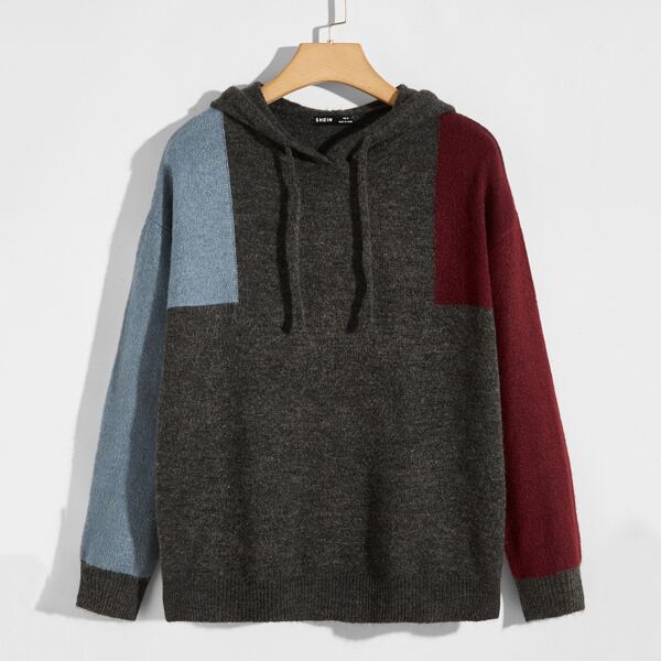 

Men Drawstring Detail Colorblock Hoodie Sweater, Dark grey