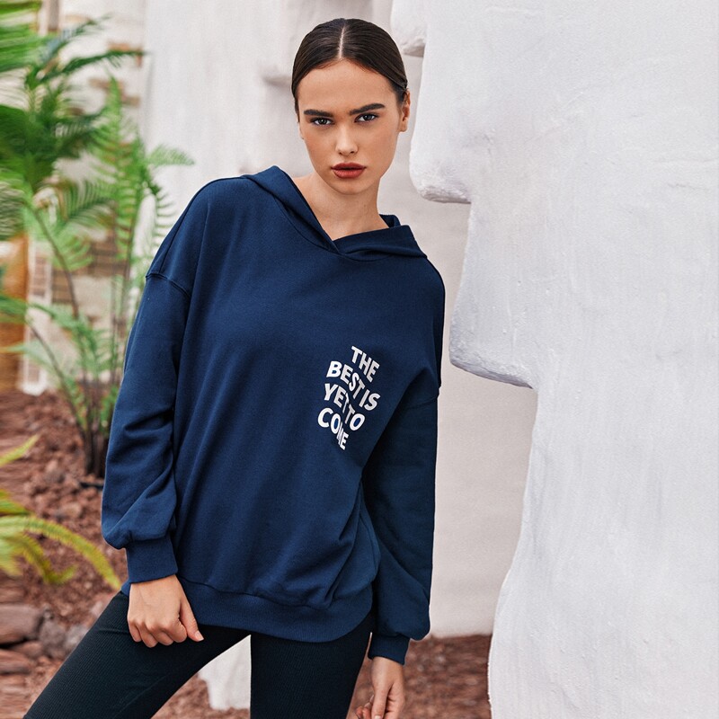 

Drop Shoulder Slogan Graphic Hoodie, Navy blue