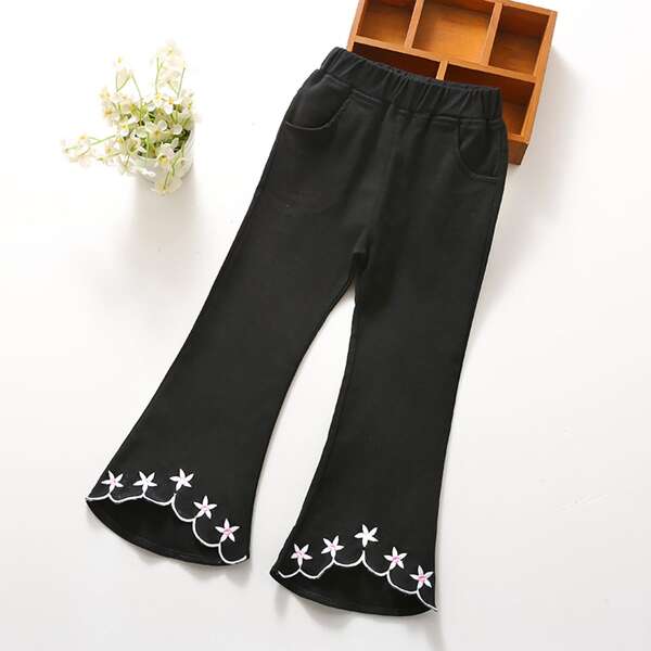 

Toddler Girls Floral Embroidery Flare Leg Pants, Black