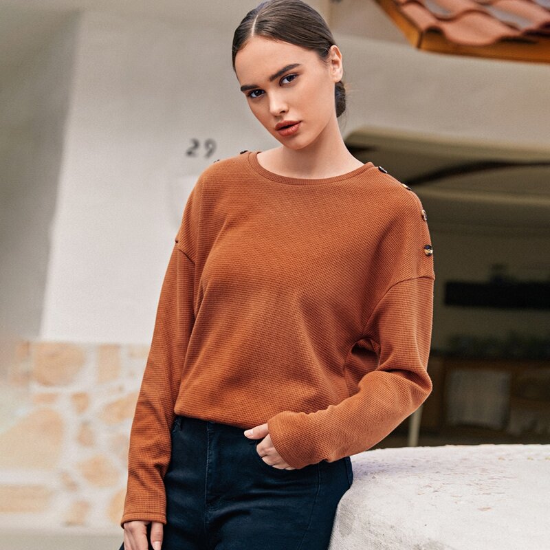 

Buttoned Drop Shoulder Waffle Knit Tee, Burnt orange