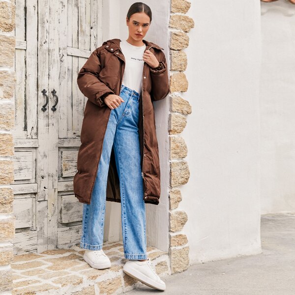 

Zipper Placket Hooded Puffer Coat, Coffee brown