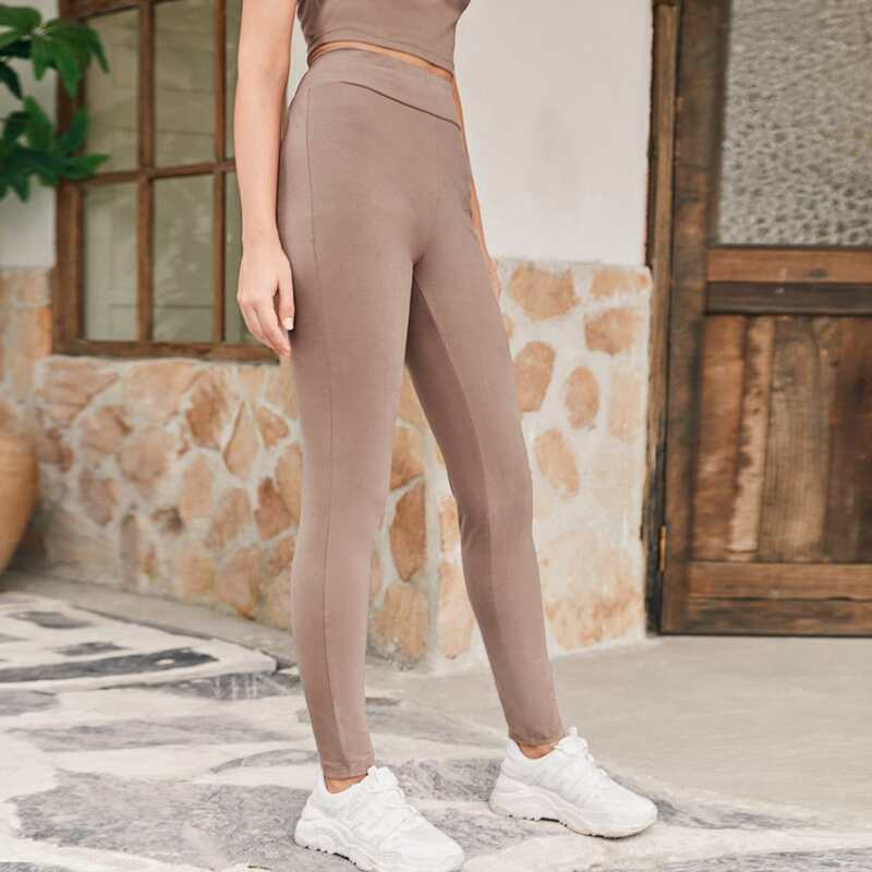

Wide Waistband Solid Leggings, Mocha brown