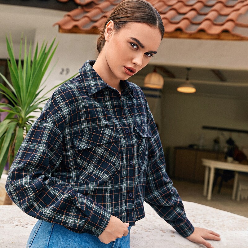 

Flap Pocket Drop Shoulder Tartan Blouse, Multicolor