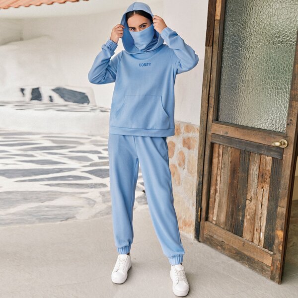 

Letter Embroidered Hoodie With Neck Gaiter and Sweatpants Set, Blue