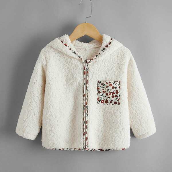 

Toddler Girls Floral Pocket Patched Teddy Hooded Coat, Beige