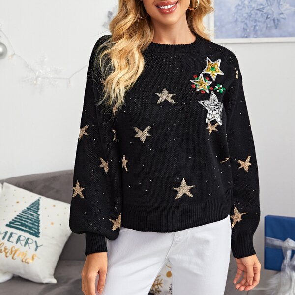 

Star Pattern Sequin Detail Sweater, Black