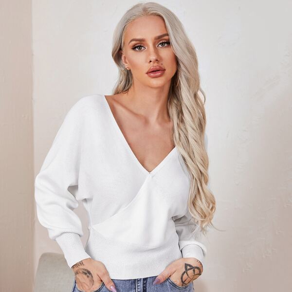 

Surplice Neck V-back Batwing Sleeve Solid Sweater, White