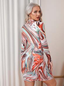 SHEIN Privé Mock-Neck Marble Bodycon Short Dress - Multicolor - View 2