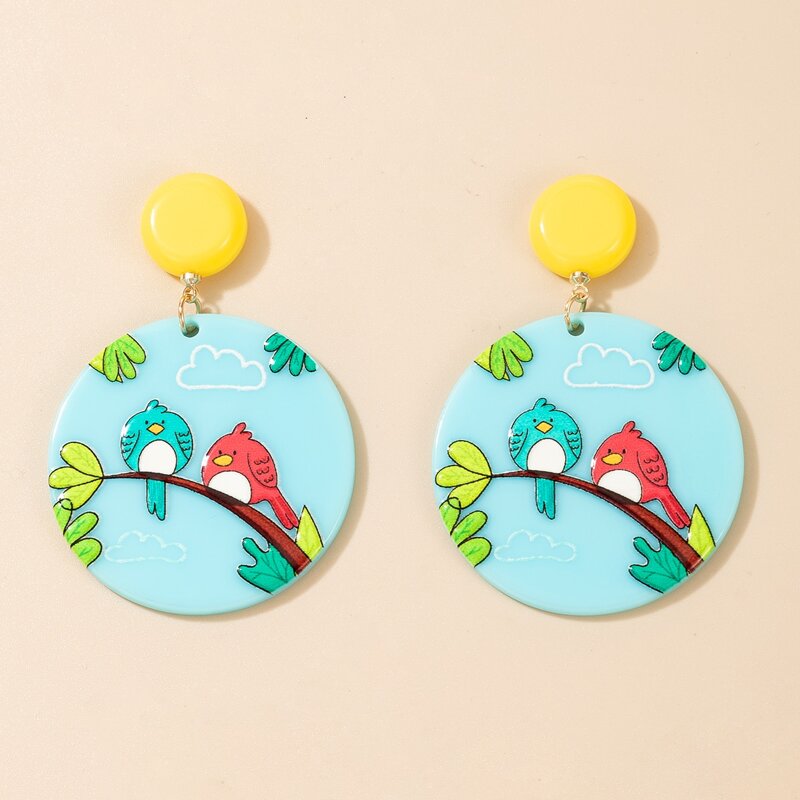 

Cartoon Bird Round Drop Earrings, Multicolor