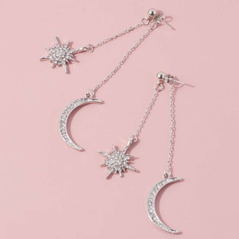 

Rhinestone Star & Moon Drop Earrings, Silver