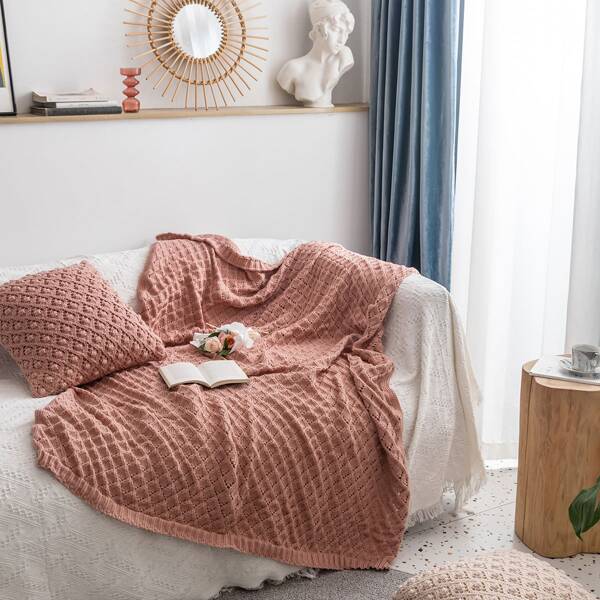 

1pc Solid Color Knitted Blanket, Pink