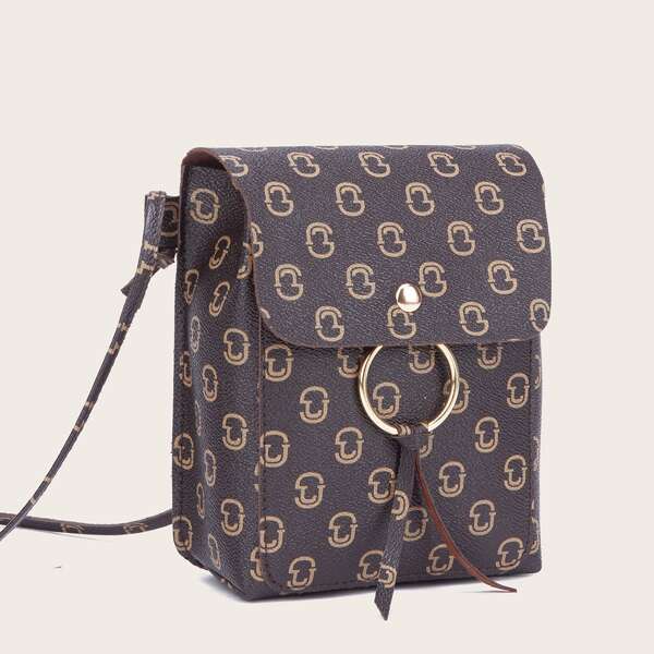 

Ring Decor Graphic Pattern Crossbody Bag, Coffee brown