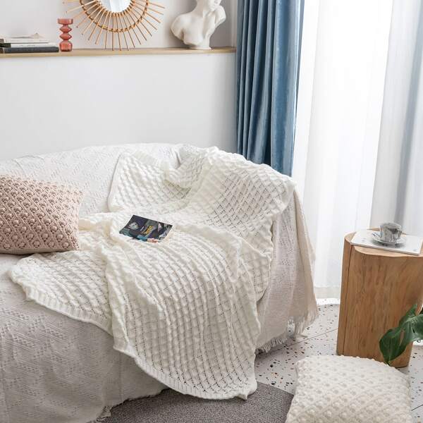 

1pc Solid Color Knitted Blanket, White