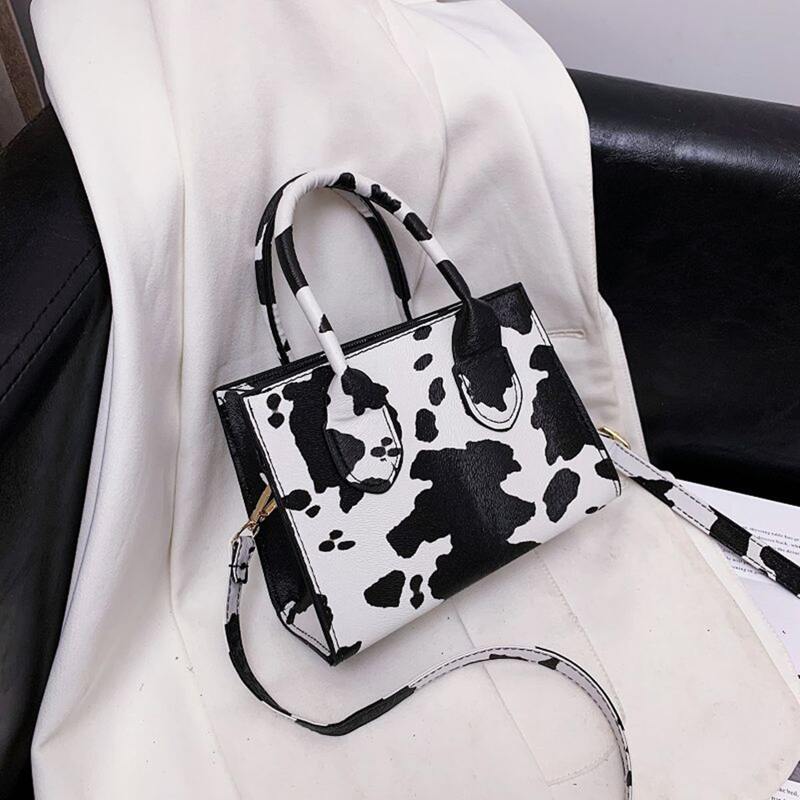 

Cow Print Satchel Bag, Black and white