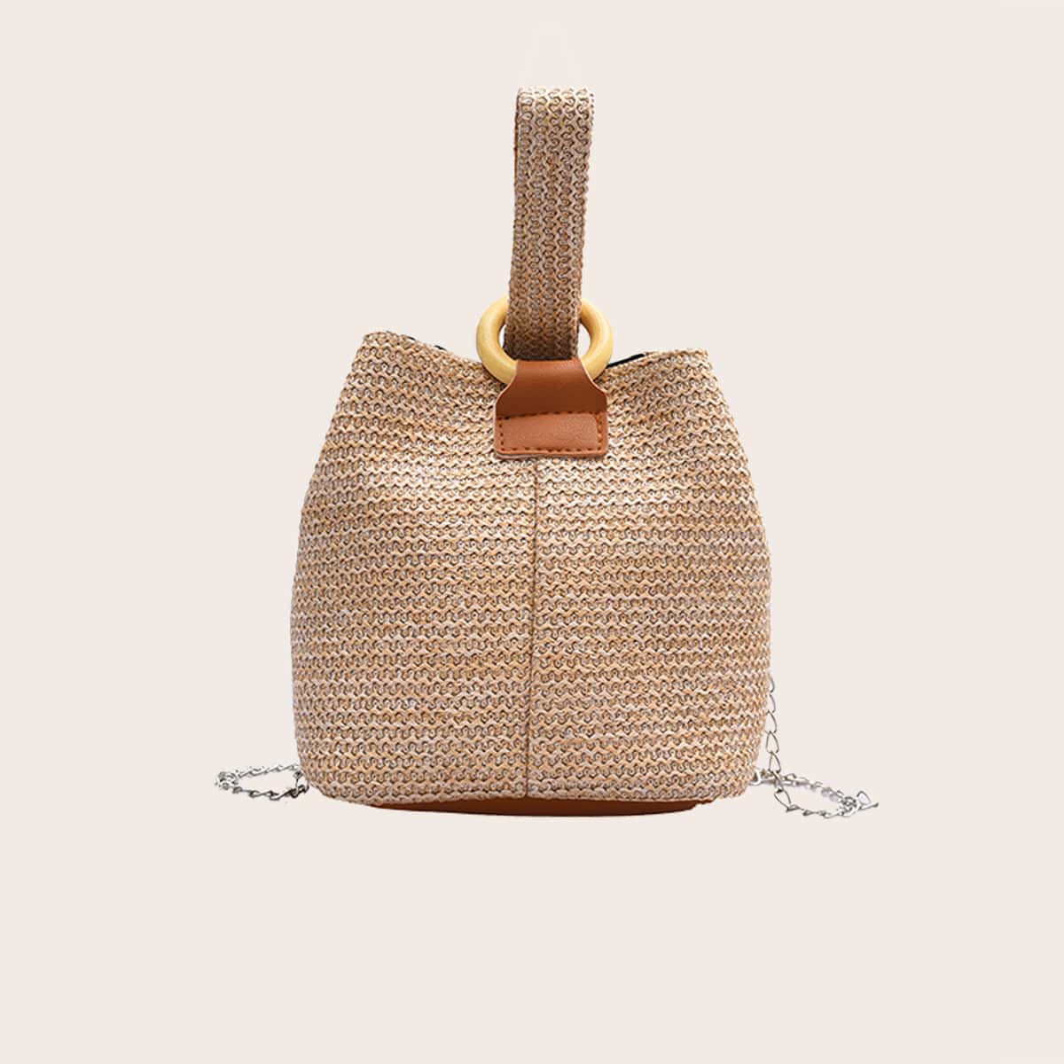 

Straw Chain Bucket Bag, Khaki