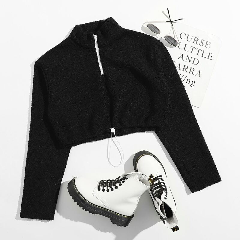 

Drawstring Hem Half Zipper Placket Teddy Crop Pullover, Black