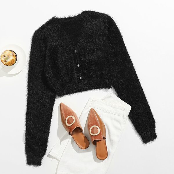 

Button Front Fuzzy Knit Cardigan, Black
