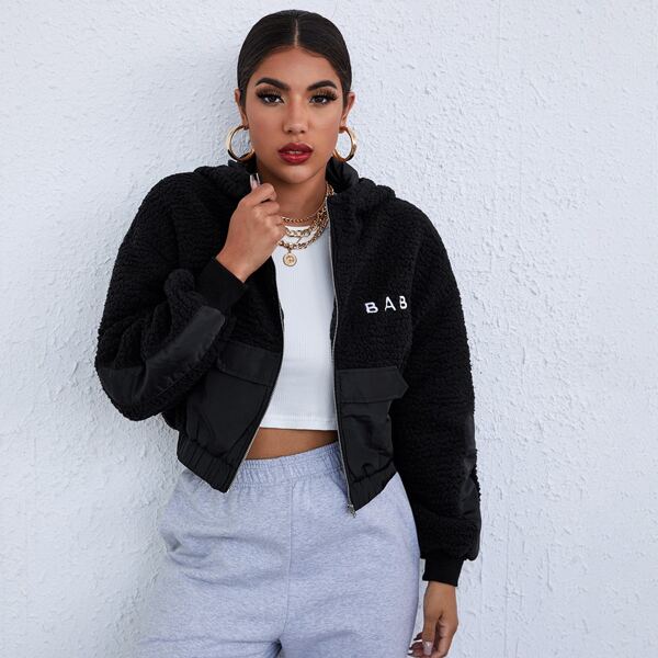 

Letter Embroidered Zip Up Hooded Teddy Jacket, Black