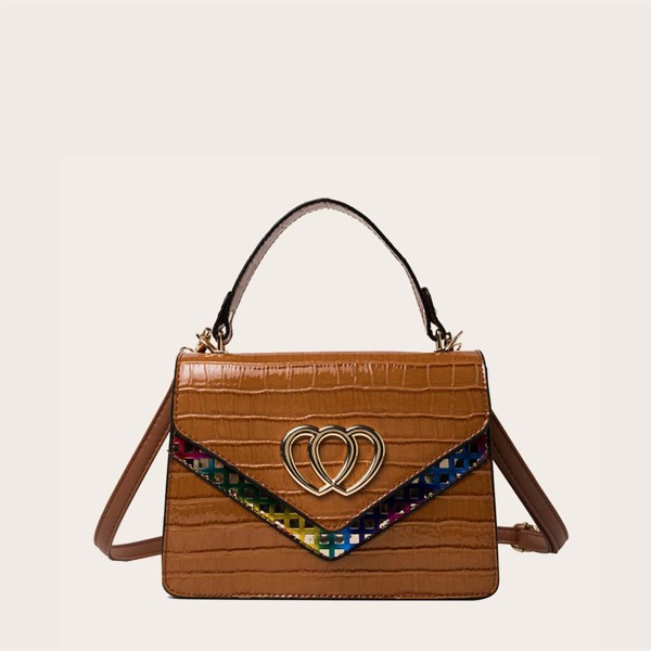 

Croc Embossed Top Handle Satchel Bag, Brown