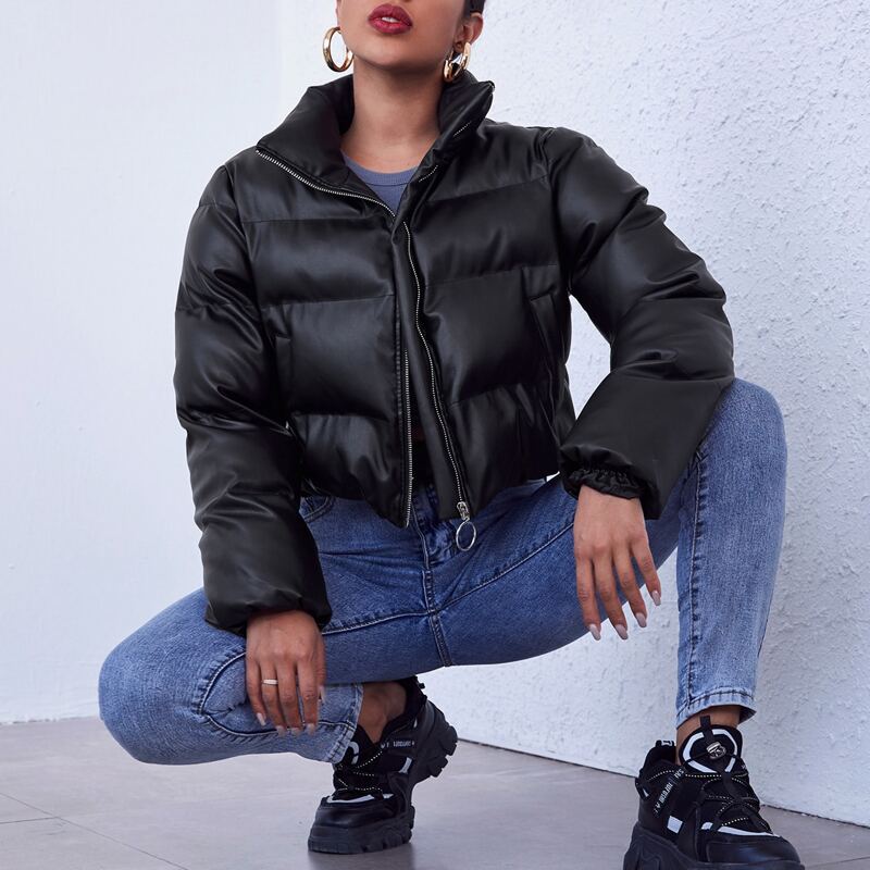 

O-ring Zip Up PU Leather Puffer Jacket, Black