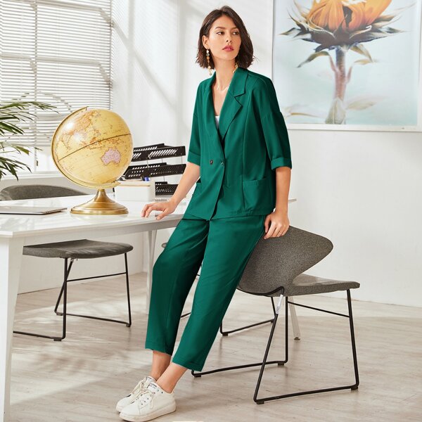 

3pcs Solid Cami Top & Lapel Neck Blazer & Straight Leg Pants, Dark green