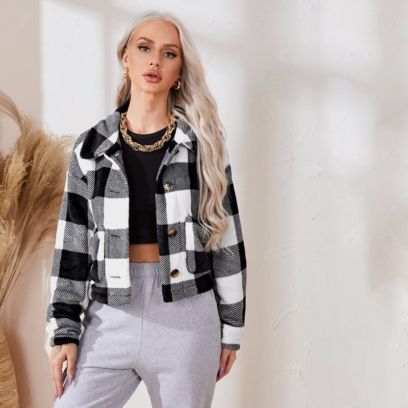 

Drop Shoulder Buffalo Plaid Flannel Jacket, Black and white
