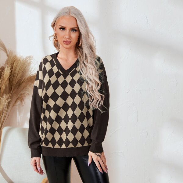 

V-neck Drop Shoulder Plaid Sweater, Multicolor
