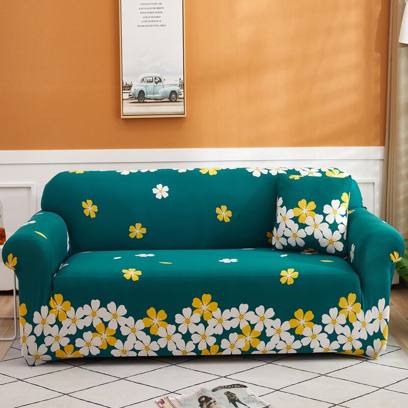 

Flower Print Stretchy Sofa Cover & 1pc Cushion Cover, Dark green
