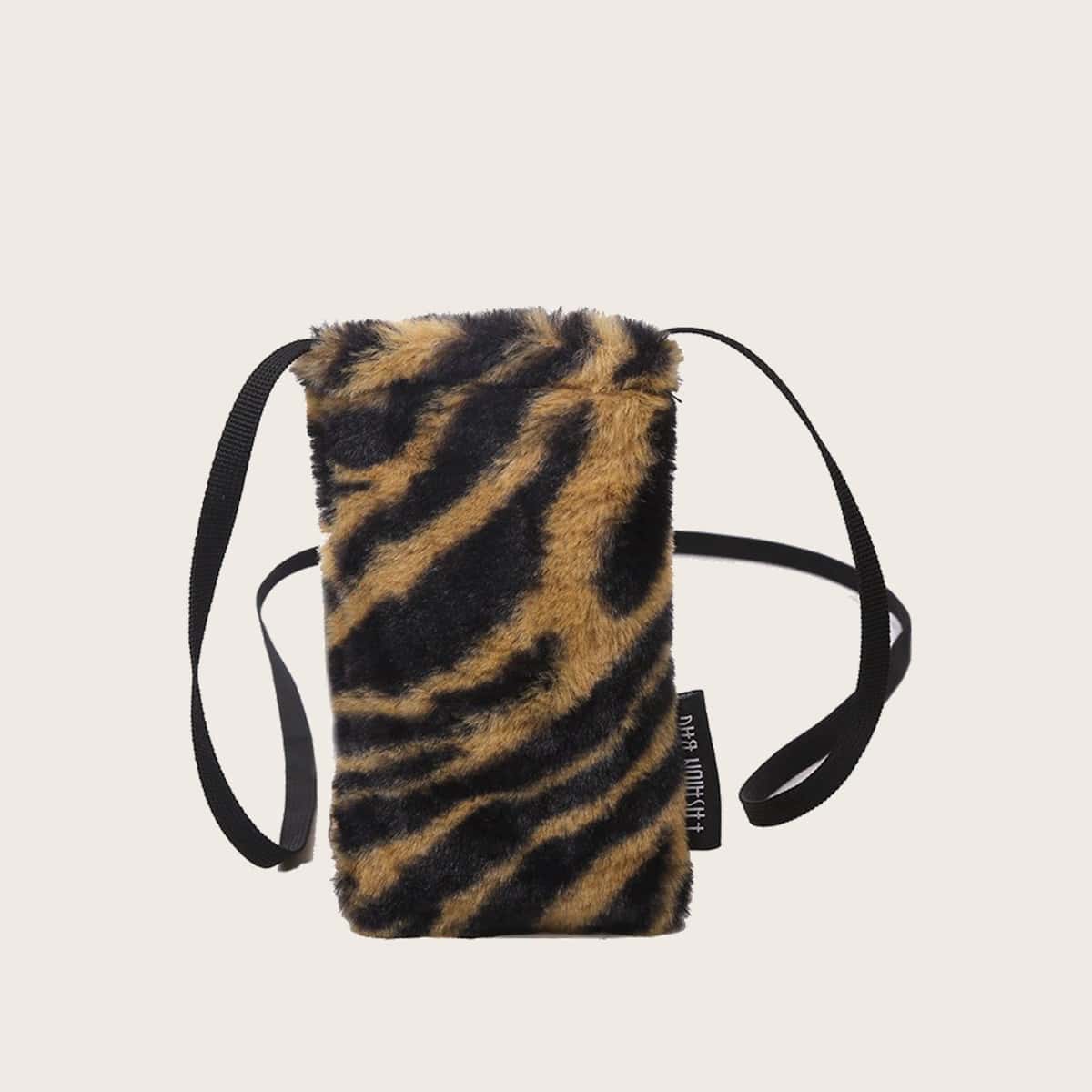 

Tiger Striped Fluffy Crossbody Phone Bag, Multicolor