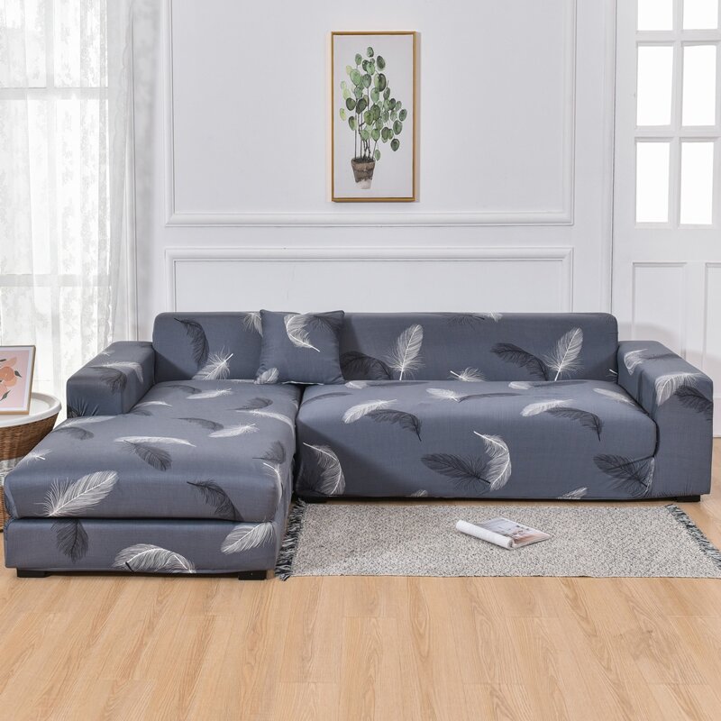 

Feather Print Stretchy Sofa Cover & 1pc Cushion Cover, Grey