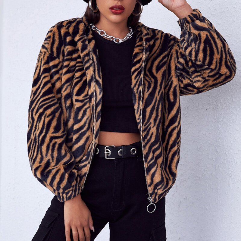 

Drop Shoulder Zebra Striped Faux Fur Coat, Multicolor