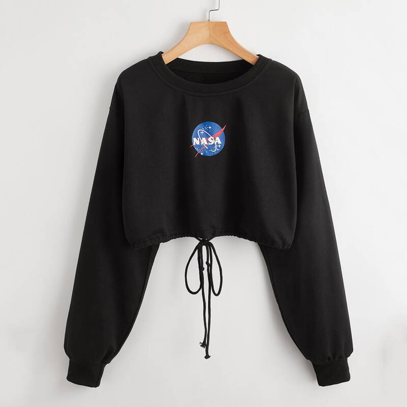 

Letter Graphic Drawstring Crop Sweatshirt, Black