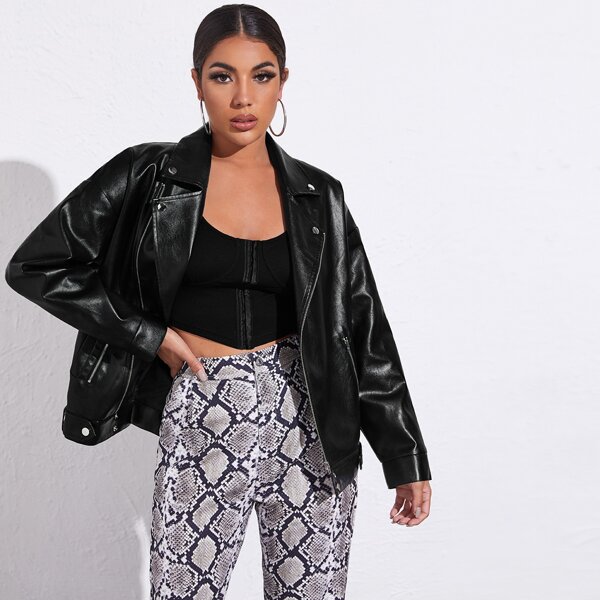 

Pocket Front PU Leather Moto Jacket, Black
