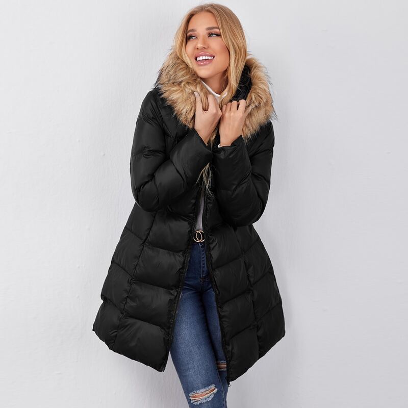 

Contrast Faux Fur Trim Puffer Coat, Black