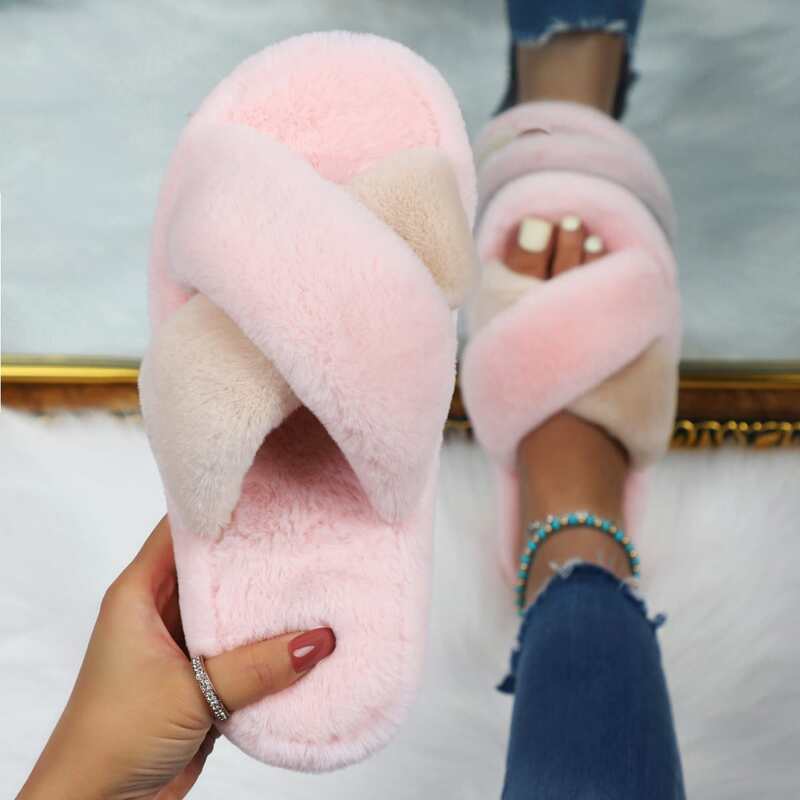 

Two Tone Cross Strap Fluffy Slippers, Multicolor