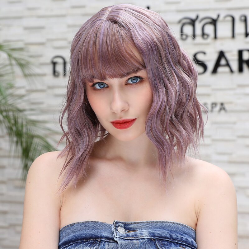 

Natural Curly Short Wig With Bangs, Purple