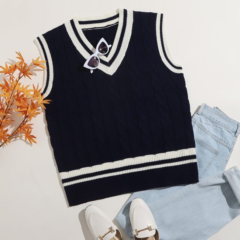 

Contrast Striped Trim Cable Knit Sweater Vest, Navy blue
