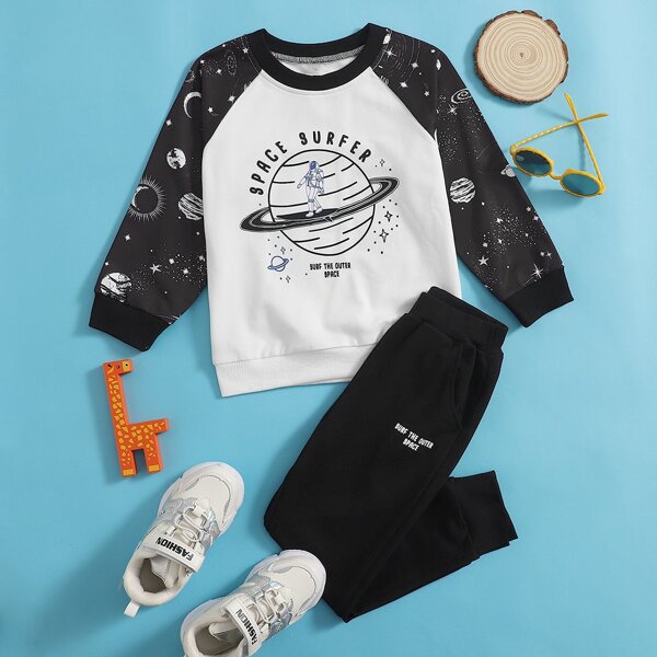 

Toddler Boys Galaxy And Slogan Graphic Sweatshirt & Sweatpants, Black and white