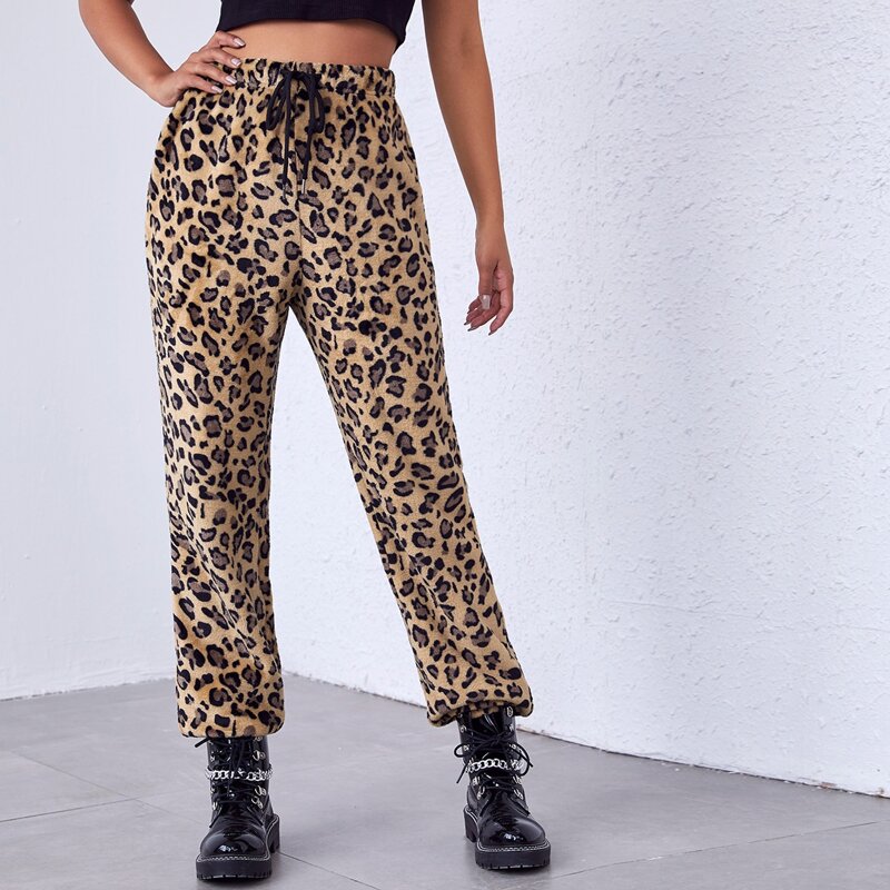 

Drawstring Waist Leopard Teddy Pants, Multicolor