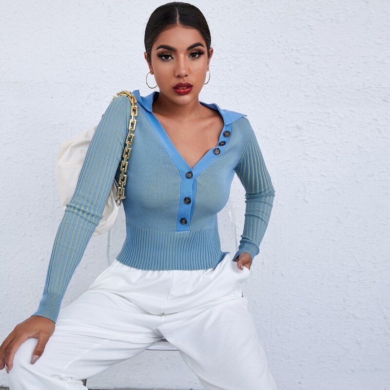 

Button Front Tight Hem Sweater, Dusty blue