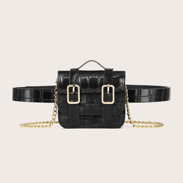 

Mini Croc Embossed Chain Belt Bag, Black