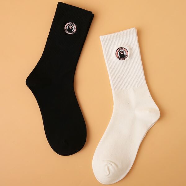 

2pairs Cartoon Embroidered Crew Socks, Black and white
