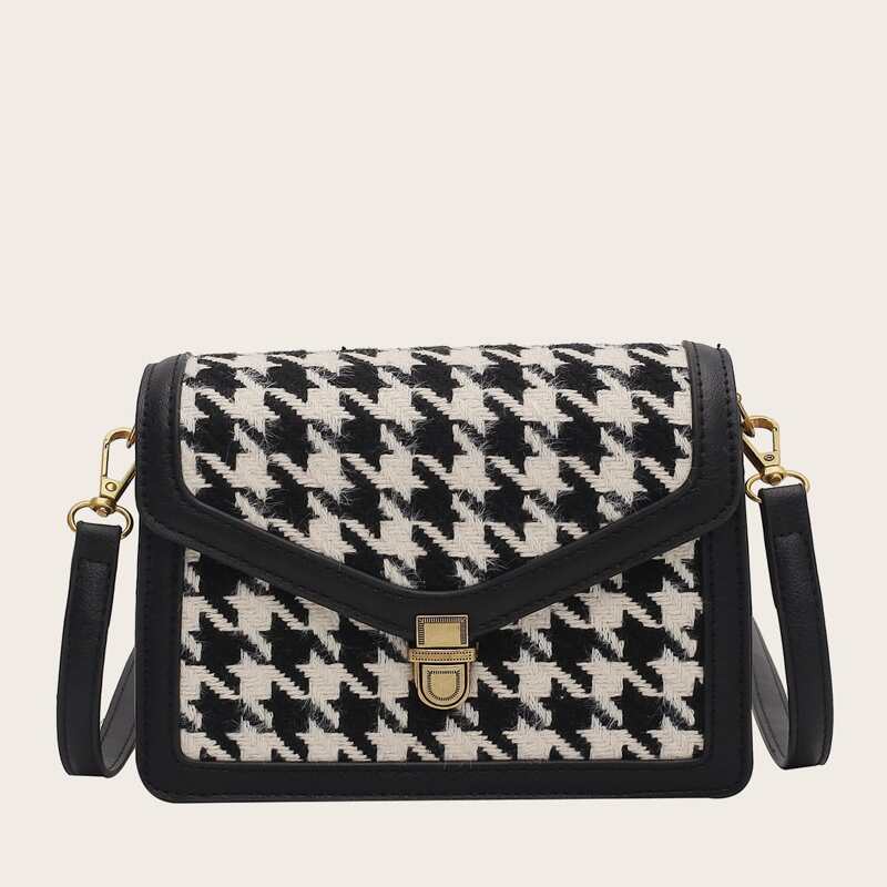 

Push Lock Houndstooth Crossbody Bag, Black
