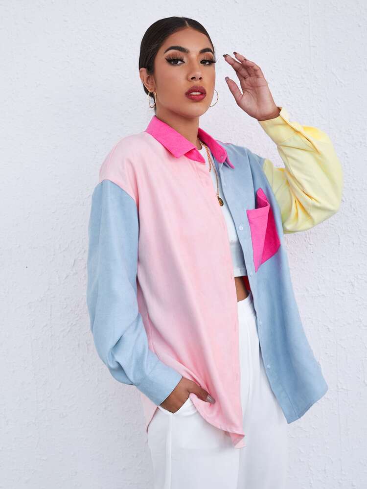 Muchica Camisa larga de color combinado de hombros caídos con bolsillo - Multicolor - Añade 5