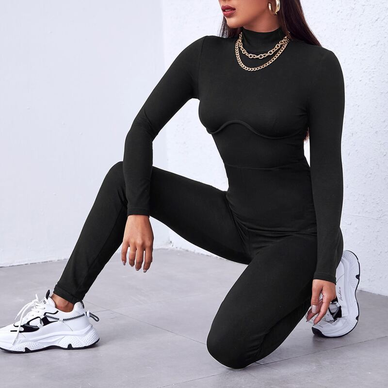 

High Neck Binding Unitard Jumpsuit, Black