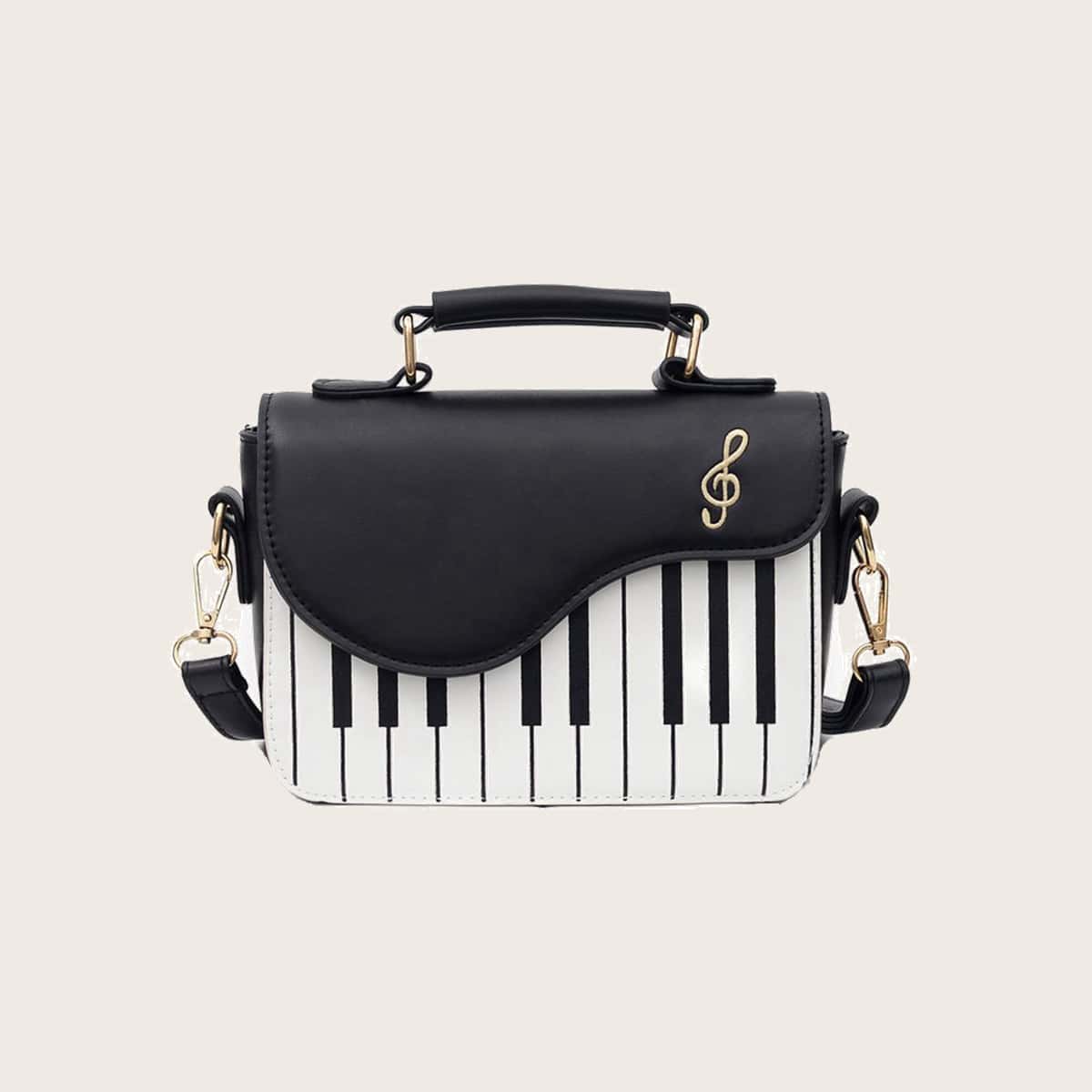 

Piano Keyboard Flap Satchel Bag, Black and white