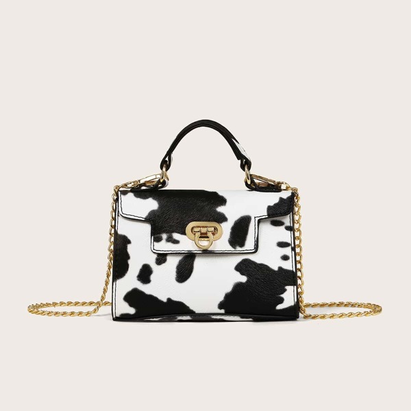 

Mini Cow Print Chain Satchel Bag, Black and white